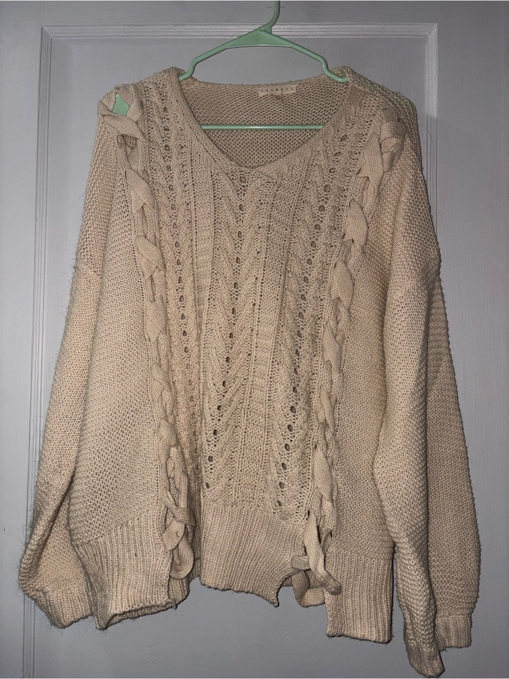 Cream Oversized Cable Knit V-Neck Sweater - Women's